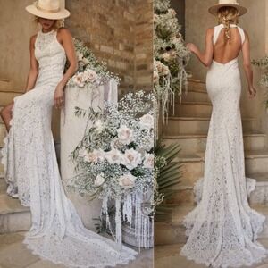 Lulu's Love Everlasting White Floral Lace Mermaid Maxi Wedding Dress Size Large